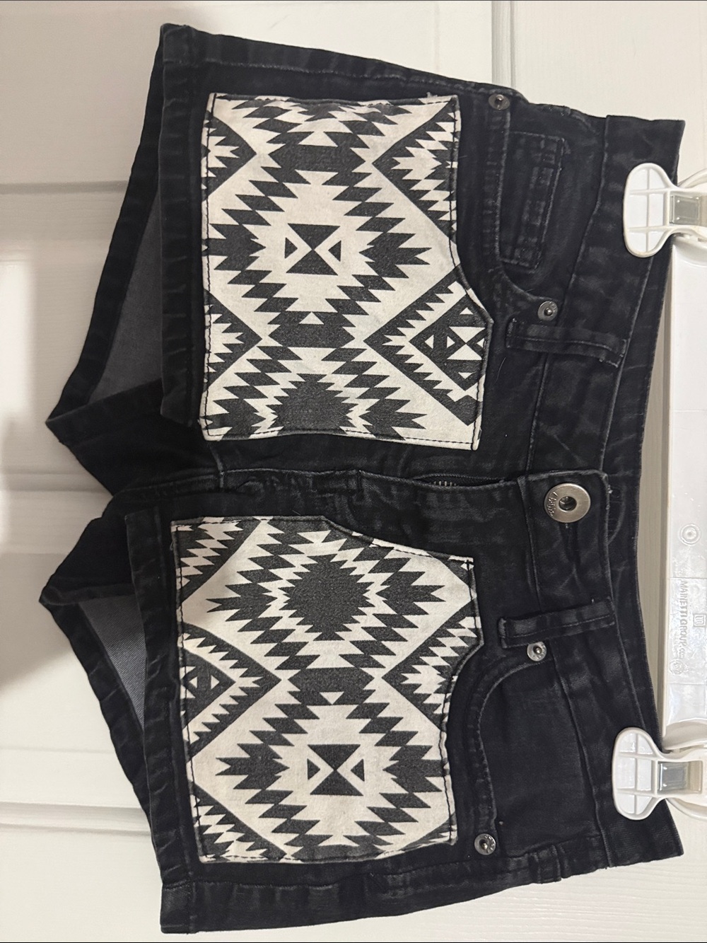 Black Denim Shorts with Aztec Front Patch Pockets